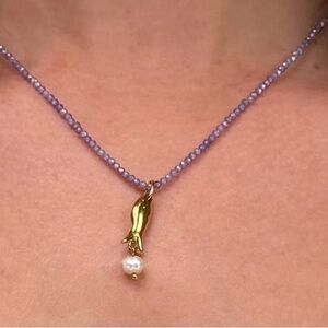 Oshena designer Beachwear Seraphine Gold and Purple Beaded Necklace Pearl Accent